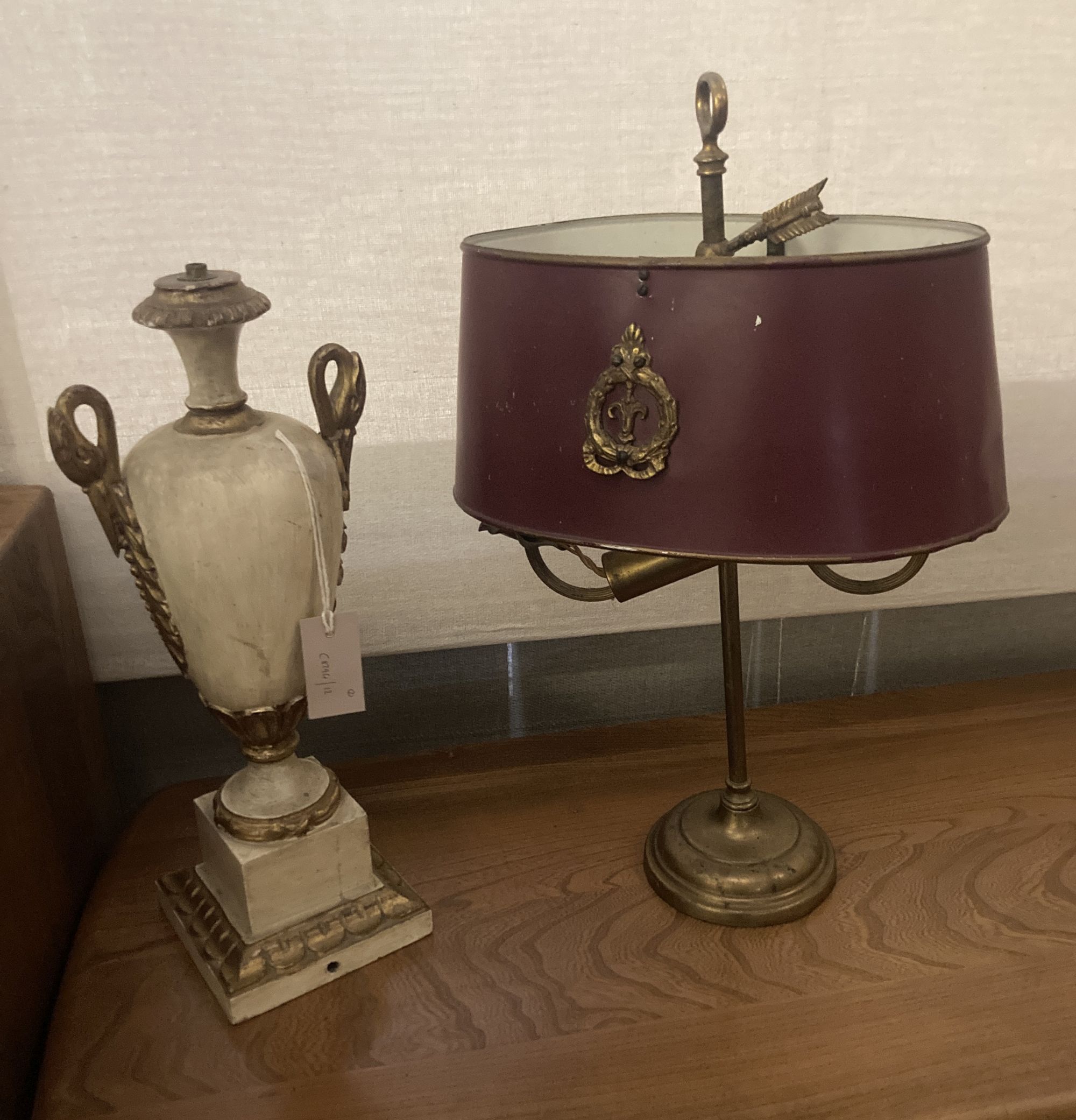 A brass table lamp with toleware shade, height 56cm, together with a parcel gilt painted wood table lamp